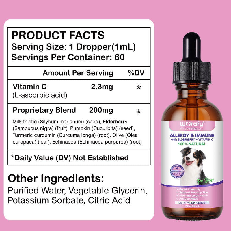 Dog Allergy & Immunity Boost Drops 60ml - Bacon Flavour Natural Itchy Skin Relief, Liver Support & Anti-Inflammatory Supplement for Dogs of All Breeds