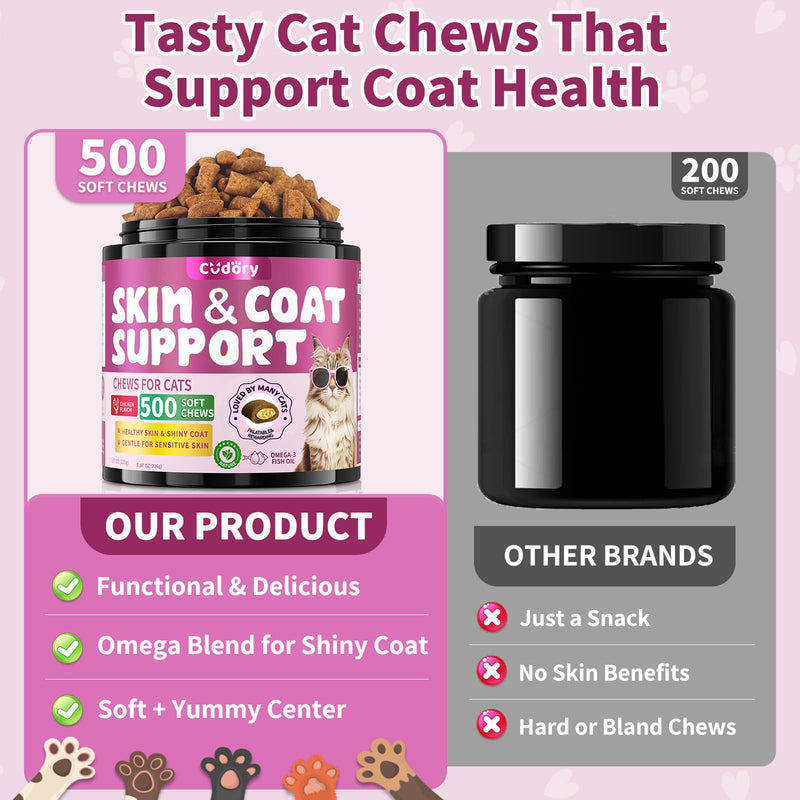 Omega 3 for Cats - 500 Skin & Coat Health Crunchy & Creamy Chews with Omega 3, Biotin & Vitamin E for Healthy Skin, Shiny Fur, Cat Supplements & Vitamins -Chicken Flavor