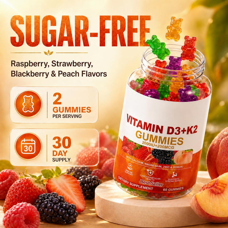 Vitamin D3 + K2 Gummies 2000 IU with Calcium, Magnesium & Zinc, Mixed Fruit | Vegan, Non-GMO, Gelatin-Free and Sugar-Free With Vitamin C, Boron and Mk-7 For Immune Function and Everyday Wellness Support.