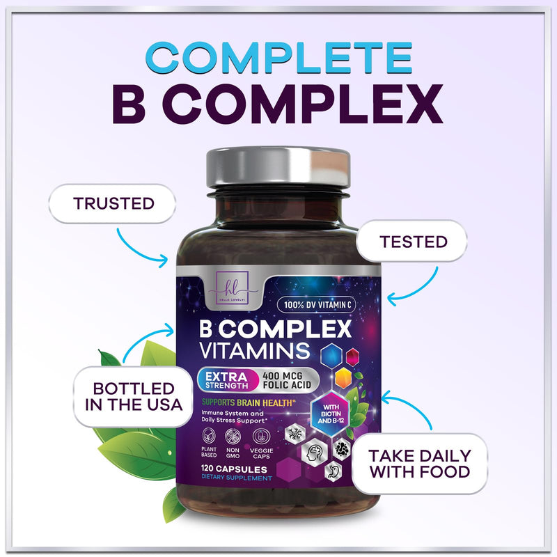 B Complex Vitamin Supplement - 3X Strength with Biotin, Vitamin C & Folic Acid - Super B12 Complex Vitamins for Energy, Supports Hair Growth, Immune Support for Women & Men, USA Bottled, 120 Capsules 120 Count (Pack of 1)