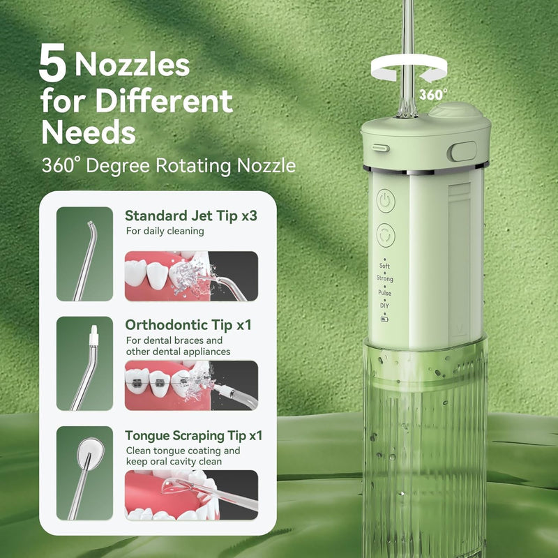 Portable Mini Water Dental Flosser for Teeth Cleaning Pick,Travel Oral Irrigator with Telescopic Water Tank,4 Modes and Waterproof Design-Perfect for Braces,Bridges,Home&Travel Dental Care Green