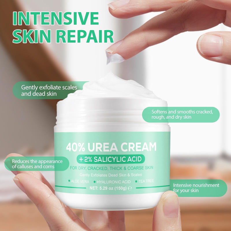Urea Cream 40 Percent for Feet - 40% Urea Cream Plus 2% Salicylic Acid with Hyaluronic Acid,Tea Tree, Aloe Vera for Dry Cracked Heels, Knees & Maximum Strength Foot Deep Moisturizer(5.29 OZ) - BeesActive Australia