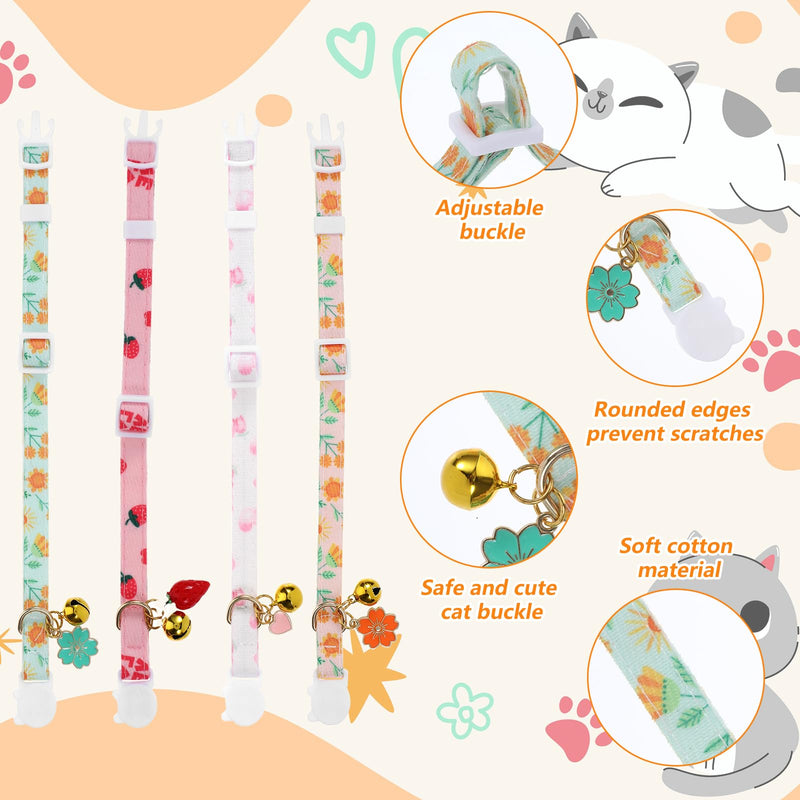 4Styles Cat Collar with Bell, Cute Cotton Cat Collars Quick Release Kitten Collar, Adjustable Breakaway Cat Necklace Collar, Heart Strawberry Flower Charms Cat Collars for Girl Cats Accessories - BeesActive Australia