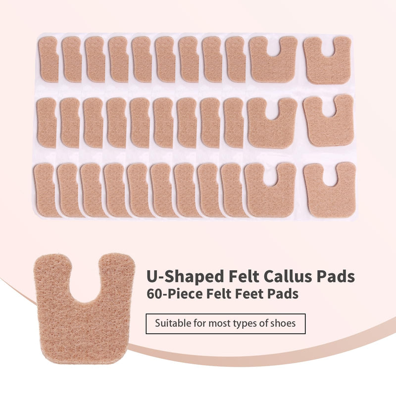 MoyRetty 60pcs U-Shaped Felt Callus Pads, Metatarsal Pads Self-Stick Cushions Protect Calluses from Rubbing on Shoes, Reduce Foot and Heel Pain