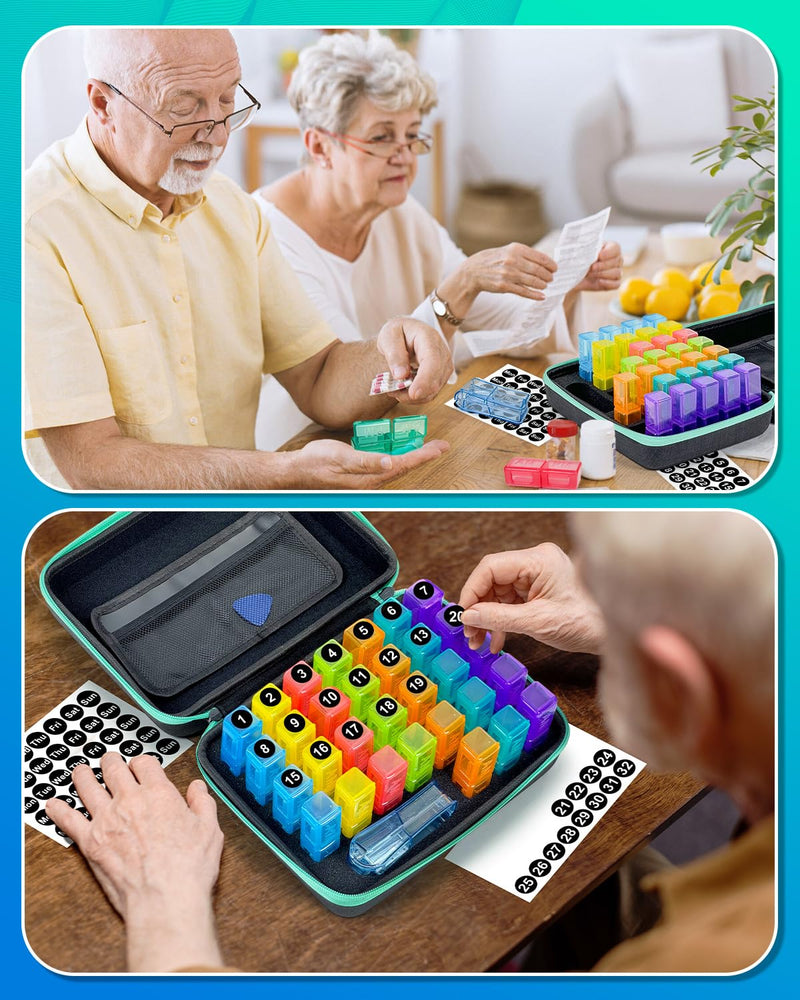 Monthly Pill Organizer 2 Times a Day, with Weekly Pill Bag, Portable Hard Shell, Pill Cutter, Plastic Opening Pick, Monthly & Weekly Stickers, Convenient Medication Management and Tracking - BeesActive Australia