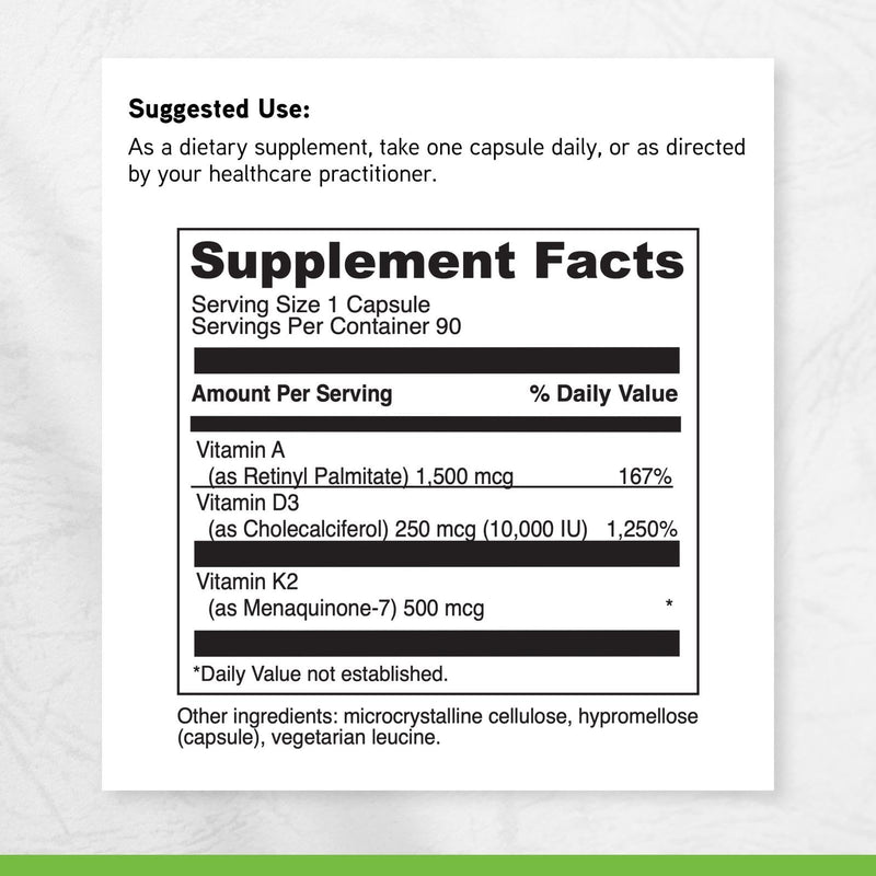 DAVINCI Labs ADK 10 - Helps Support Bone, Heart & Immune Health - Dietary Supplement with Vitamins A, D3 & K2 (as MK-7) - Vegetarian, Gluten Free & Soy Free - 90 Capsules