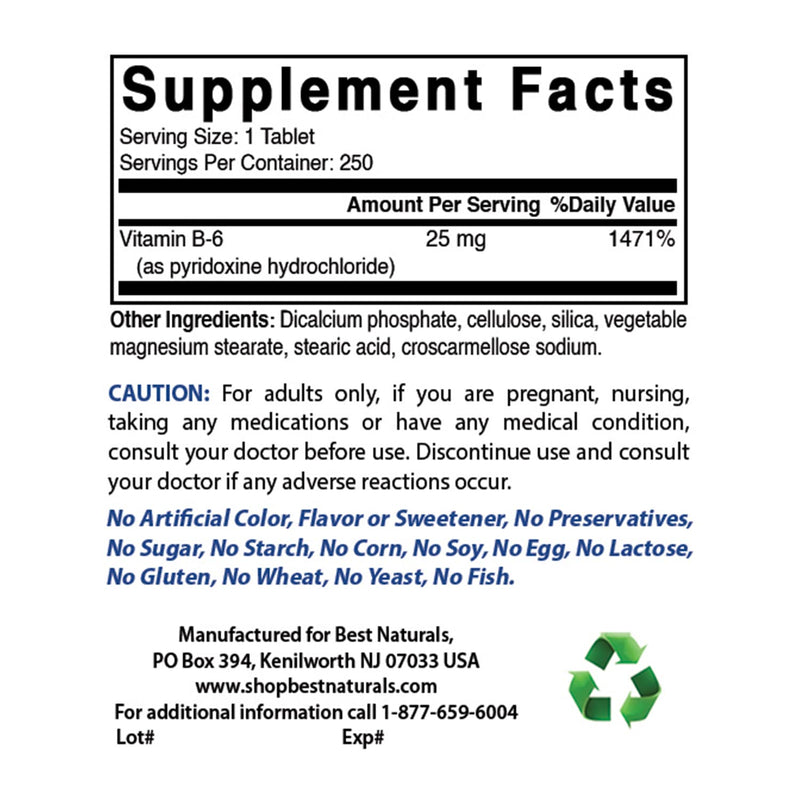 Best Naturals Vitamin B6 25mg 250 Tablets (250 Count (Pack of 3))