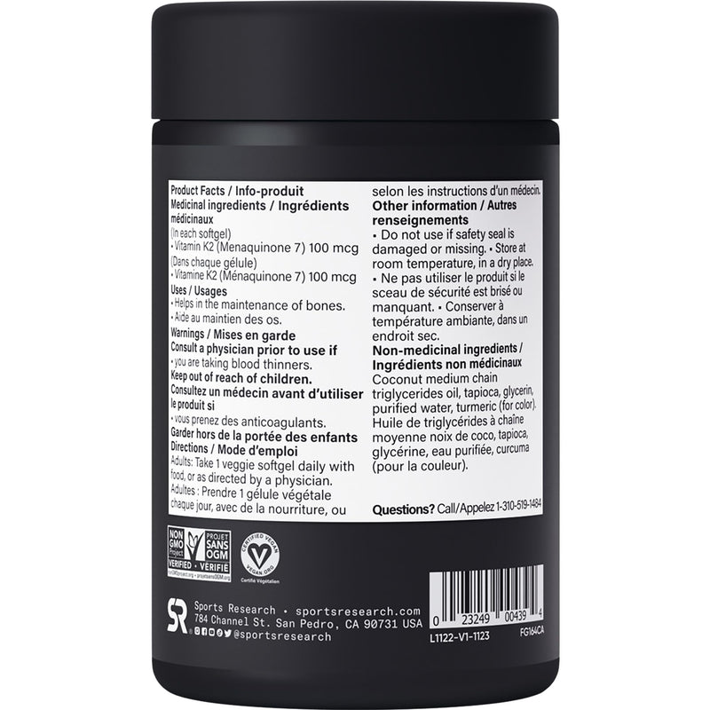 Sports Research Vitamin K2 as MK-7 100mcg with Coconut MCT Oil - 60 Veggie Softgels (2 Month Supply) Vegan Certified, Non-GMO Verified, Gluten & Soy Free - Citrus Aroma 60 Count (Pack of 1) - BeesActive Australia