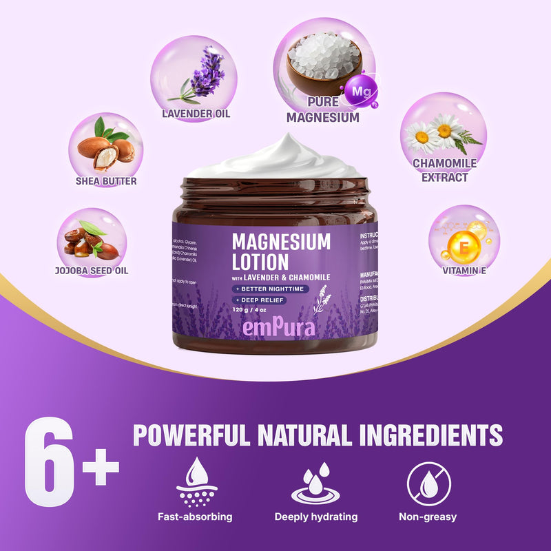 EMPURA Magnesium Lotion with Lavender & Chamomile – Fast Absorbing Magnesium Cream for Relaxation & Muscle Relief, Hand Leg or Foot Lotion, Self Care Gifts for Women, Mothers Day Gifts for Mom (4oz)