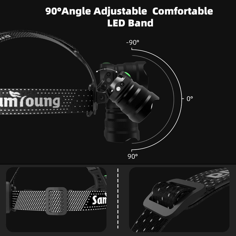 High Lumens Headlamp Induction Function, 7 Modes 50h Long Lasting Battery Life Head Lamp, IP67 Waterproof Zoom LED Headlamp, 90°Angle Adjustable for Outdoor Indoor Camping Running Hunting Car Repair Green-1pcs