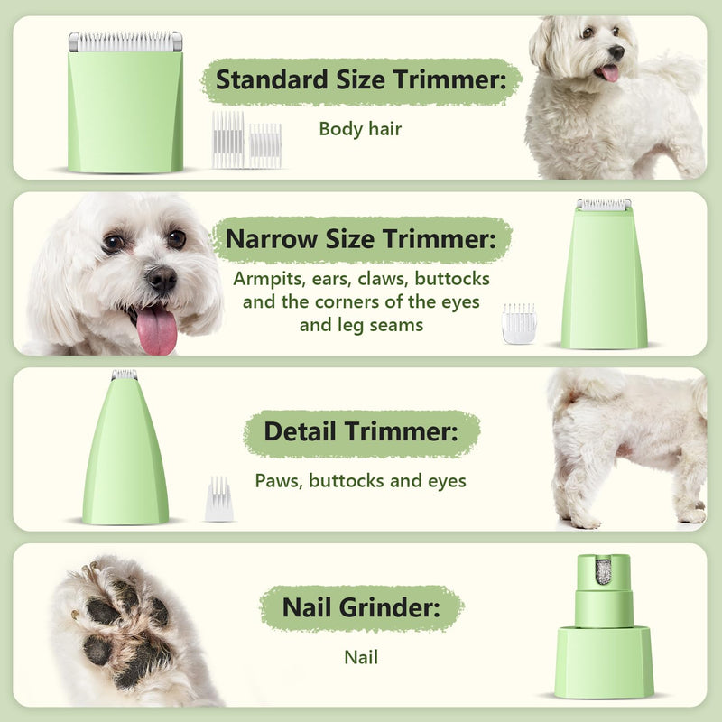 Dog Grooming Kit with LED Light, 4 in 1 Pet Clippers for Cordless Electric Cat Paw Trimmer Dog Nail Grinder, Professional Grooming Supplies for Cat Matted Hair and Small Dogs Thick Coats Green - BeesActive Australia