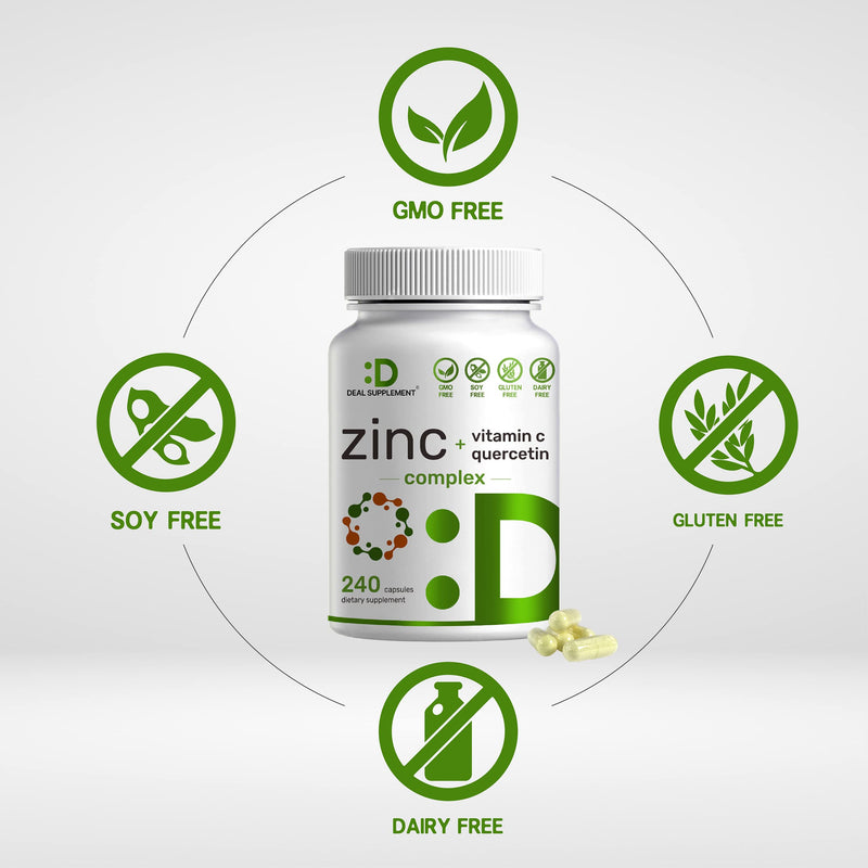 Zinc + Quercetin 500mg with Vitamin C, 240 Capsules, 4-1 Zinc 50mg Complex with 95% Quercetin Supplement for Ultimate Immune Support - Premium Quercetin with Zinc, 4 Months Supply - BeesActive Australia