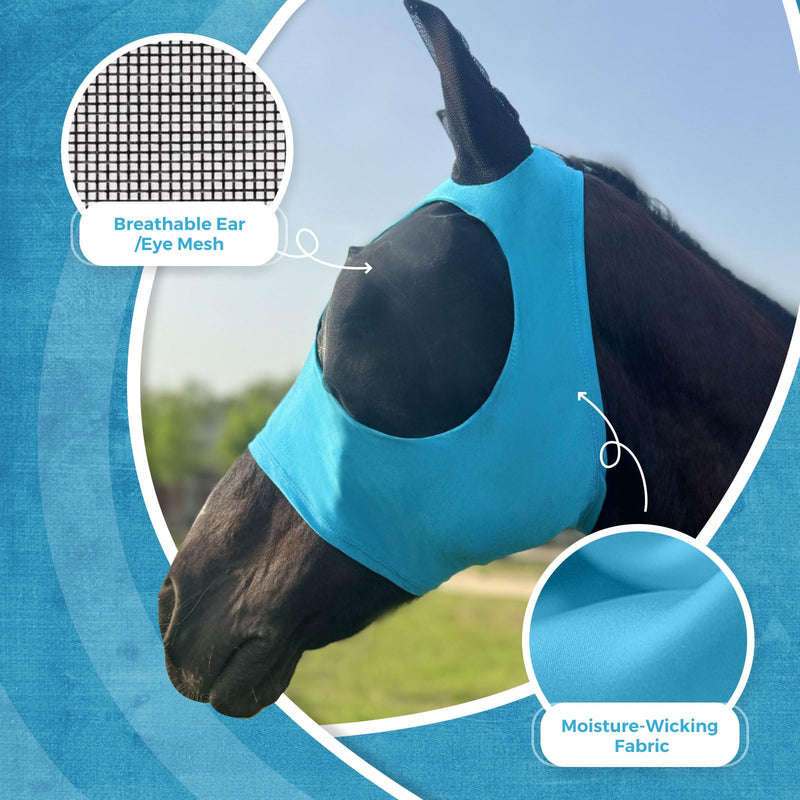 Azure Blue Menjo Outdoors Elastic Horse Fly Mask with Ears, Cobs/Arabians/Small Headed Horses Azure Blue - BeesActive Australia