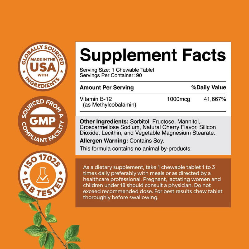 Chewable Vitamin B12 1000mcg for Energy & Mood Support- 90 Count | Cherry methylcobalamin B12 for energy, mood, mental clarity, brain function & skin support