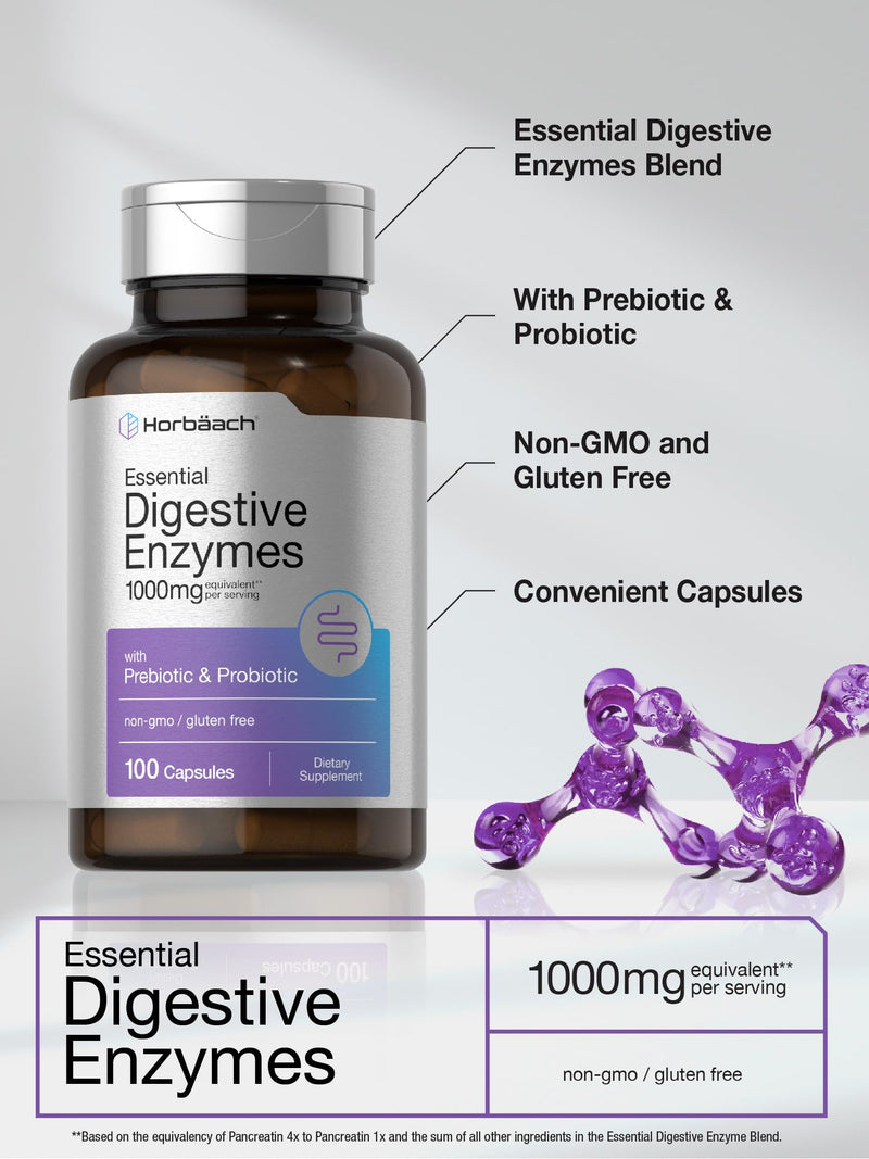 Horbäach Essential Digestive Enzymes | 100 Capsules | Enzyme Blend for Men & Women | Non-GMO & Gluten Free Supplement