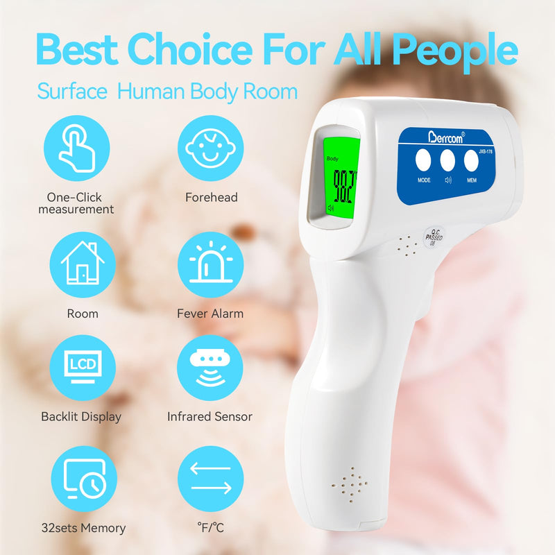 Berrcom Thermometer, 3 in 1 Contactless Infrared Fever Check Thermometer for Forehead, Ideal for Baby, Infant, Kids, and Adults, Batteries Not Included, JXB-178 (White) White