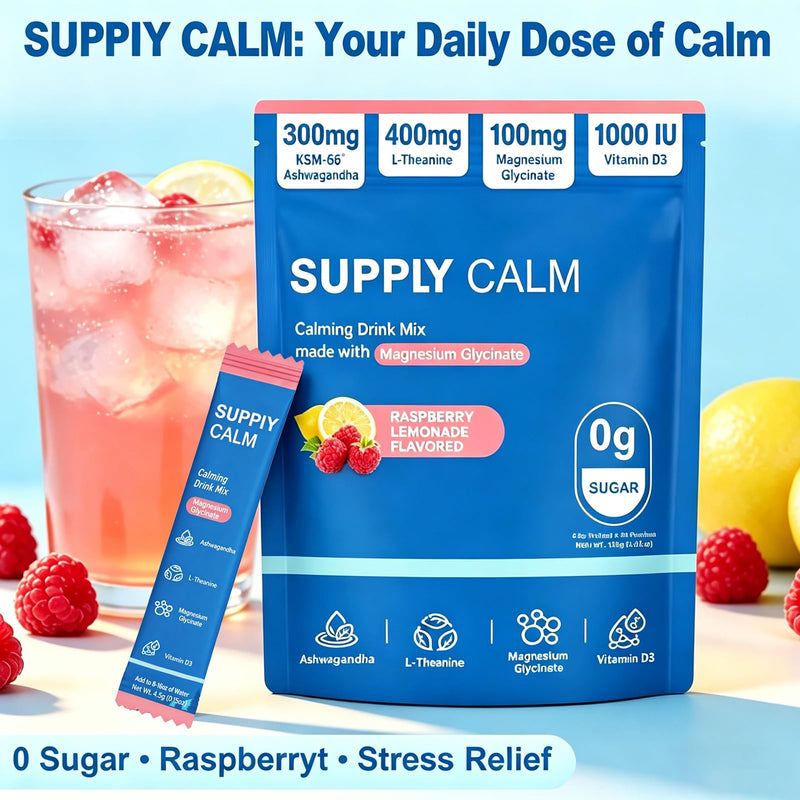 Calm Magnesium Glycinate Powder Drink Mix, Sleep Aid Supplement for Women Men, L-theanine, Vitamin D, No Sugar, Non GMO, Raspberry Lemonade (20 Servings)