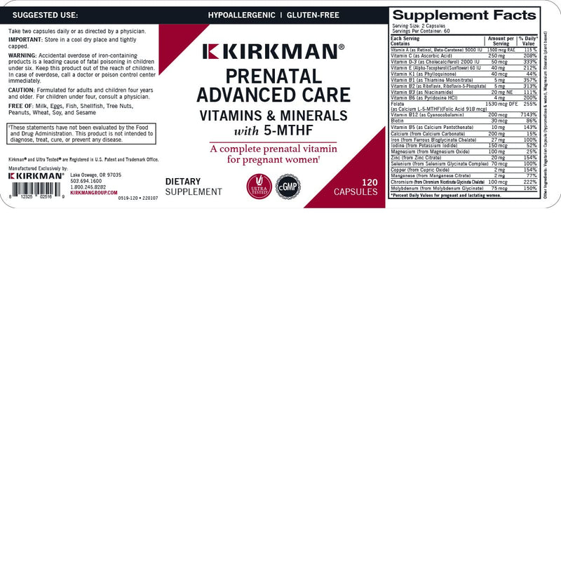 Prenatal Advanced Care, 120 Capsules, Kirkman Labs