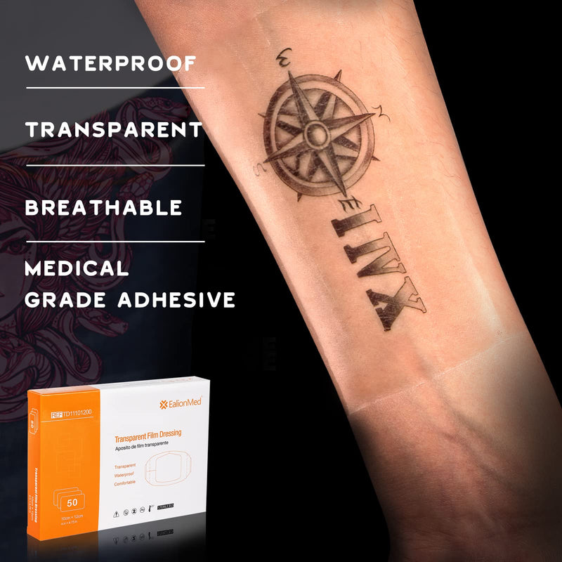 EalionMed Transparent Dressing, Wound Bandage, Adhesive Patch, 4'' x 4.75'', 50 Pack, Clear, Breathable, Comfortable, Shower Shield, Tattoo Bandage 50 Count (Pack of 1) - BeesActive Australia
