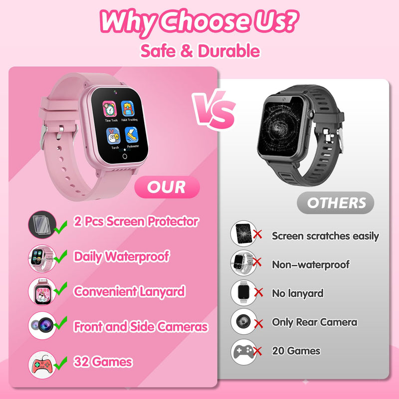 Cosjoype Kids Waterproof Smart Watch, 32 Games HD Touchscreen Kids Watch with Dual Camera Video Music Player Pedometer Flashlight 12/24 hr Christmas Birthday Gifts for Girls Ages 4 5 6 7 8 9 10 Pink - BeesActive Australia
