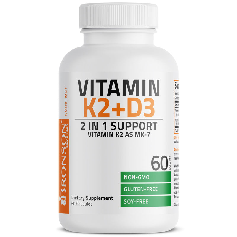 Bronson Vitamin K2 D3 (MK7) Supplement 2-in1 D3 & K2 Complex, 60 Capsules | Bone, Immune & Heart Health Support, Gluten Free, Soy Free, Non-GMO, Vitamin D3 5000IU (125 mcg) & 90 mcg K2 MK-7 60 Count (Pack of 1)