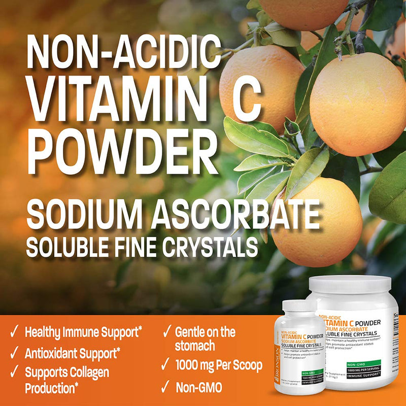 Bronson Vitamin C Powder, Non-Acidic Sodium Ascorbate, 1 lb (16 oz) | 1000 mg per 1/4 tsp (Approx.), Soluble Fine Crystals, Gentle on the Stomach, Antioxidant & Immune Support, Non-GMO Unflavored 16 Ounce (Pack of 1)