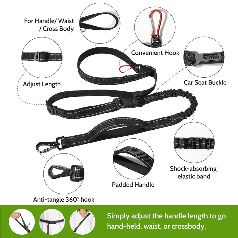Hands Free Dog Leash 4-in-1, Adjustable 4–6 ft Waist & Crossbody Leash with Seat Belt Clip & Poop Bag Holder, Reflective & Heavy-Duty for Running, Walking, Hiking, Training Black