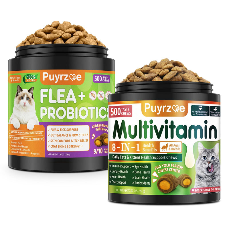 Puyrzoe Flea & Tick Support + Probiotics + Taurine for Cats Vitamins Chews – Flea Care, Immune, Gut Balance, Skin & Coat Care – 500 + 500 Chews with Probiotics, 11 Essential Vitamins & Taurine