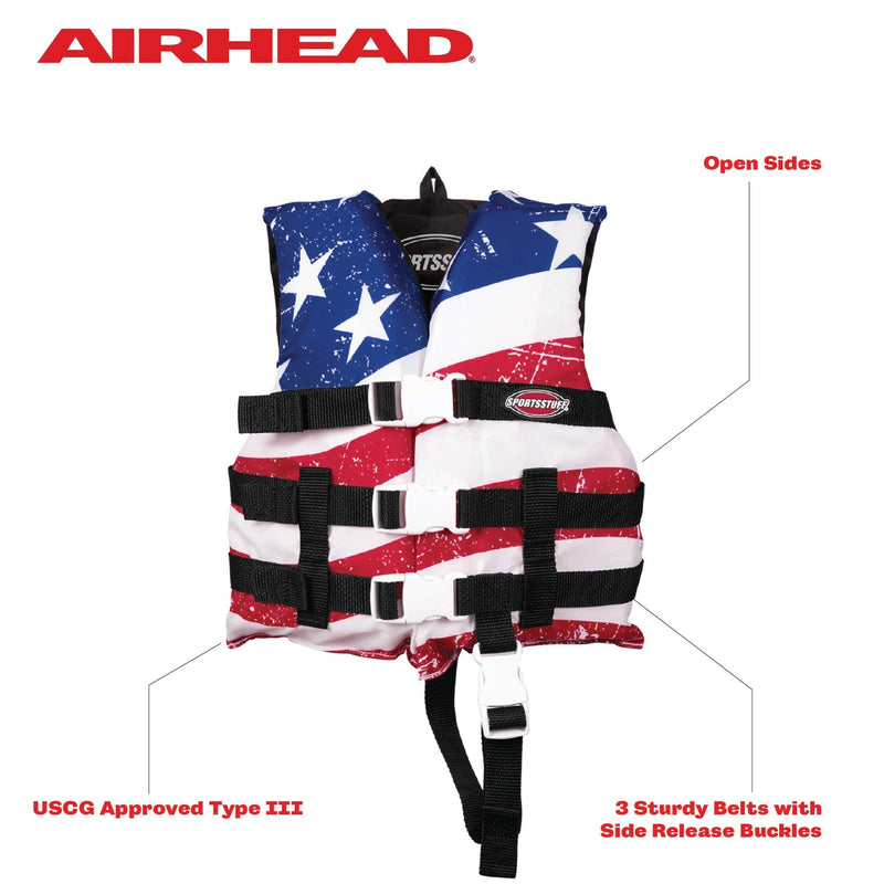 Sportstuff Type III Life Jacket US Coast Guard Approved Open Sides with 3 Body Belts & Buckles Quick Dry Fabric, Secure Fit, Comfortable Stars & Stripes Child - BeesActive Australia