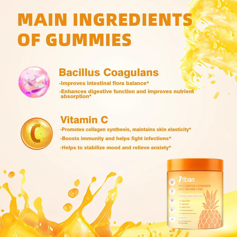 Pineapple Gummies for Women pH, Premium Feminine pH Balance Gummy, Vaginal Probiotics, Immune Support, Vegan, Gluten-Free, 60 Gummies 30 Servings
