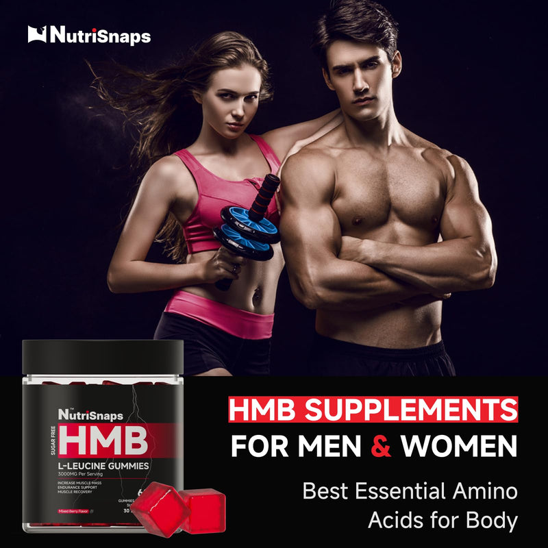 HMB and Leucine Gummies for Men Women, Muscle & Recovery, 60 Ct | Leucine Amino Acid Supplements with CoQ10, Rhodiola Rosea for Muscle Growth, Recovery, Sugar Free, Mixed berry Flavor, Vegan
