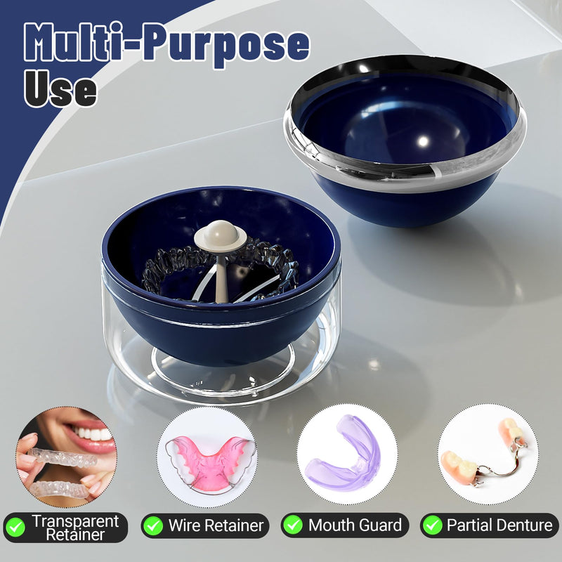 Denture Case Retainer Cleaner Case, Portable Retainer Case for Travel, Denture Bath Case with Strainer Basket, Denture Cups for Soaking Dentures, Clear Braces, Mouth Guard & Retainers - Blue