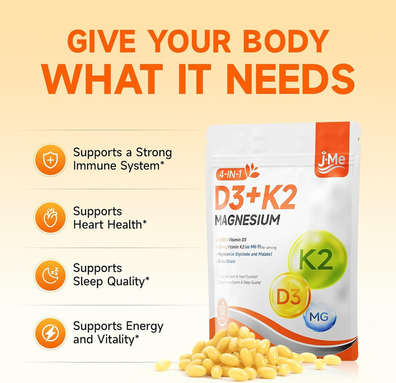 JME Core Vitamin D3 10,000 IU + K2 MK-7 200 mcg Vitamin Supplement D3K2 | with Magnesium Complex | Virgin Coconut Oil | 4-in-1 Vitamins D & K | Extra Strength, Easy to Swallow, Non-GMO, Gluten Free 150 Count (Pack of 1)