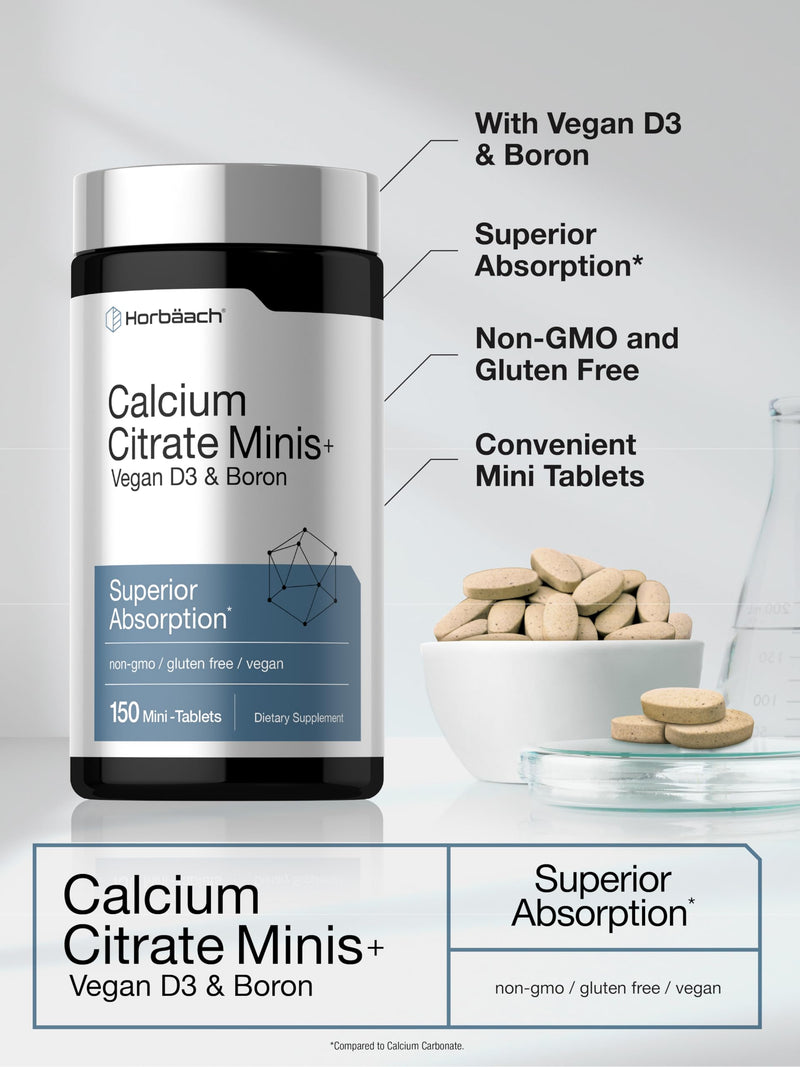 Horbäach Calcium Citrate with Vitamin D3 & Boron | 150 Tablets | Supplement for Men and Women | Vegan, Non-GMO, Gluten Free