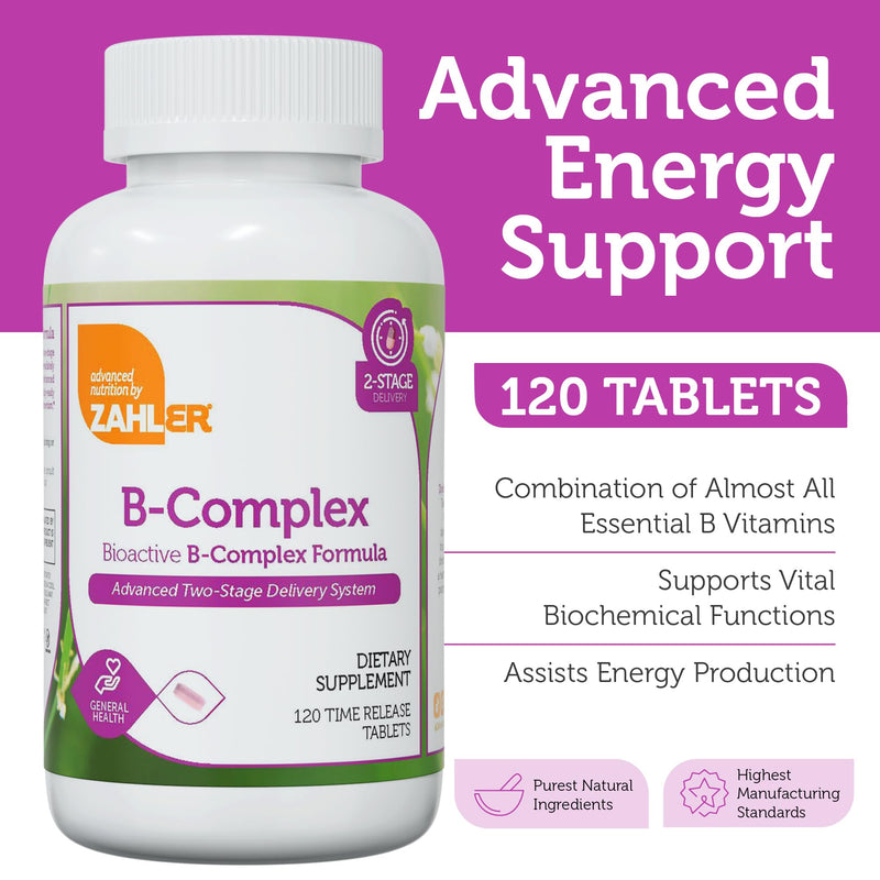 Zahler B-Complex Vitamins for Women & Men - Vitamin B Complex - B Vitamins Complex with B1 B2 B3 B5 B6 B7 B9 B12 - Advanced 2-Stage Delivery System - Gluten Free Kosher Non-GMO VIT B (120 Tablets) 120 Count (Pack of 1)