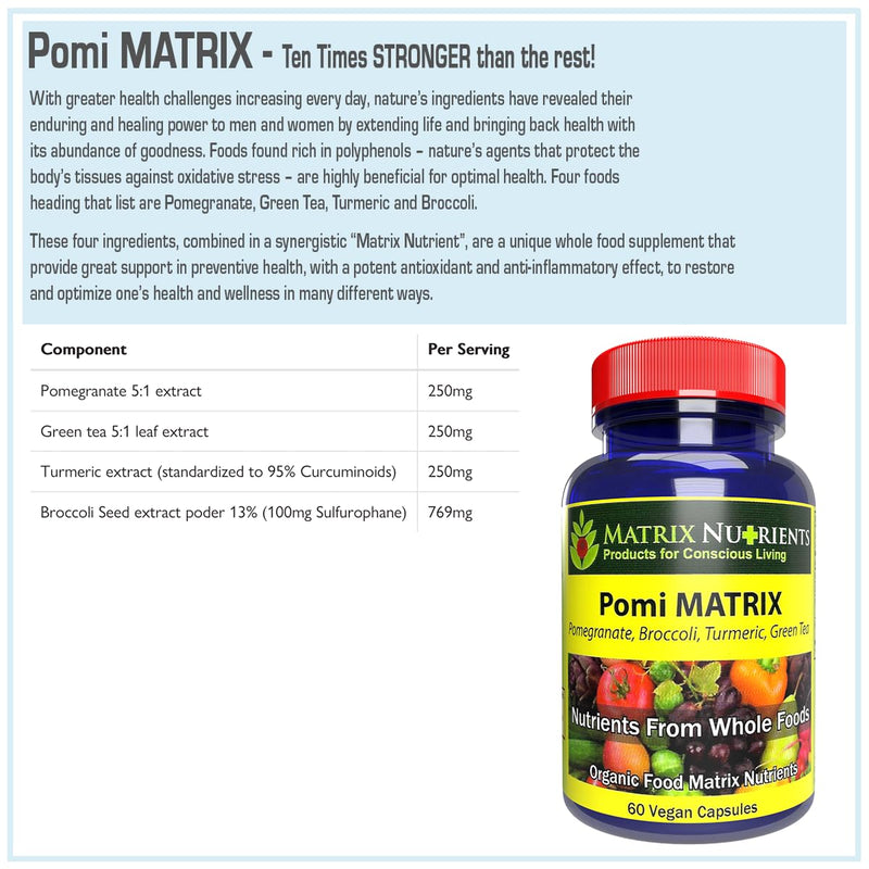 POMI Matrix - 10 Times Stronger Than The Competition! - Lower PSA Levels - See Our LAB Results! - 100% Natural Ingredients: Pomegranate, Green Tea, Turmeric, Broccoli - Vegan Capsules (60ct) 60 Count (Pack of 1)