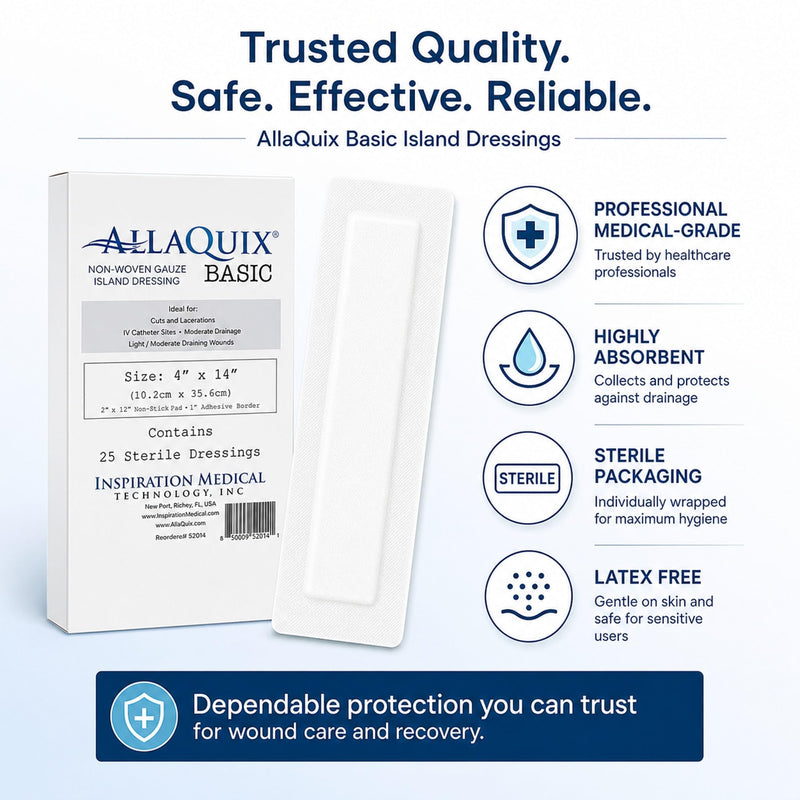 Island Wound Dressing for Long Incisions, Extra Large Wound Dressing with Adhesive Border, Surgical Gauze Pads, 4x14 Inch, 25 Count 4" x 14" (Box of 25)