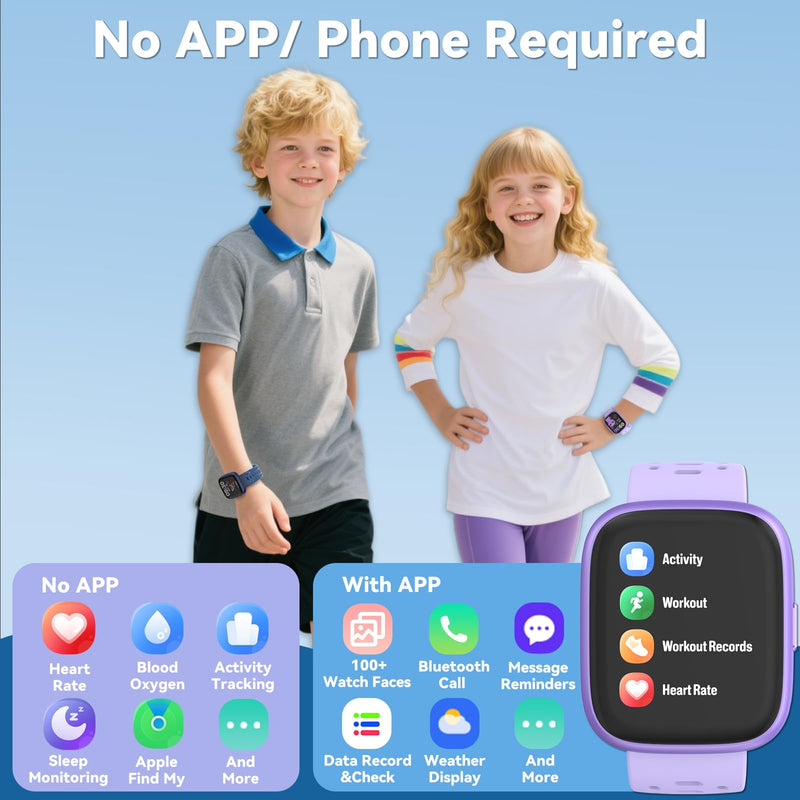 Fitness Tracker for Kids No APP No Phone Needed, Compatible with Apple Find My, 1.83" Smart Watch, Heart Rate, Sleep Monitor, IP68 Waterproof, Step Counter, Gifts for Girls Boys Teens 5-16 Lilac