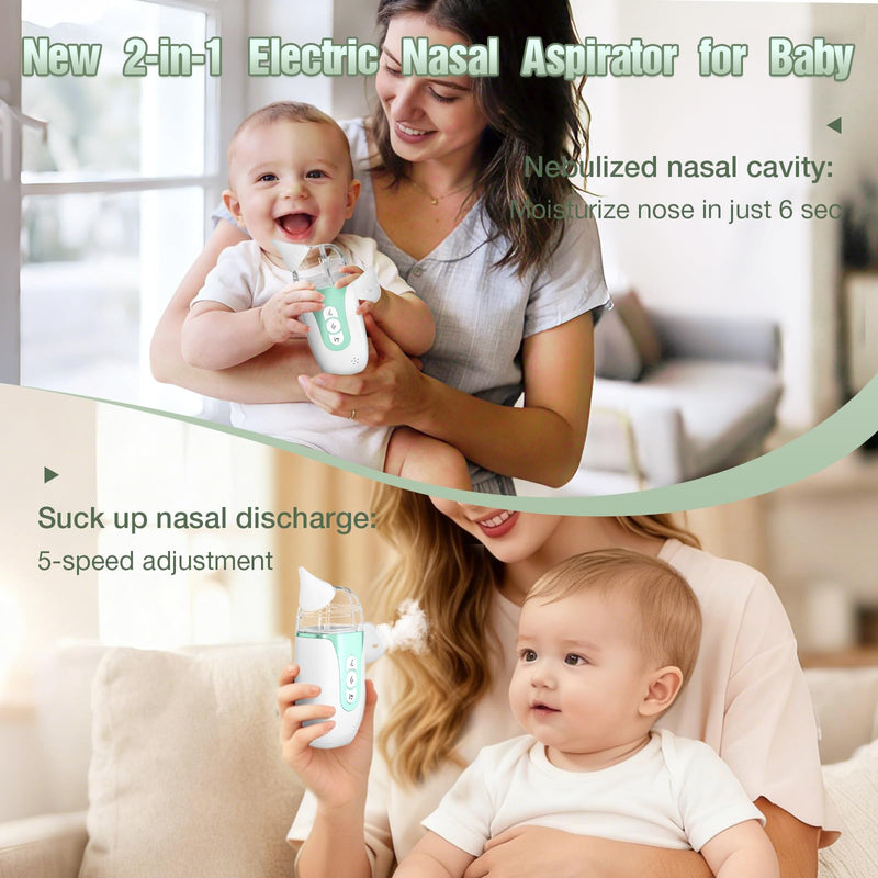 Smart Baby Nasal Aspirator, 2-in-1 Electric Nose Sucker for Toddlers with Spray, 5-Level Suction, Soothing Music, 2 Silicone Tips, USB-C Charge, Storage Case | Nasal Aspirator for Baby (Olive Green) - BeesActive Australia