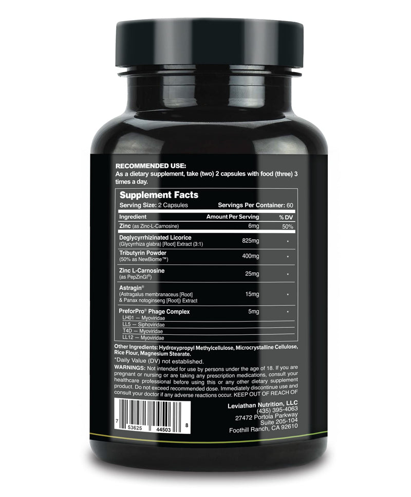 Leviathan Nutrition GI | Promotes Healthy Gut Health & Gut Bacteria - MicroBiome Bloating Balance Probiotic & Intestinal Lining Health with Zinc-L-Carnosine, Butyrate, & DGL Supplement - 120 Capsules