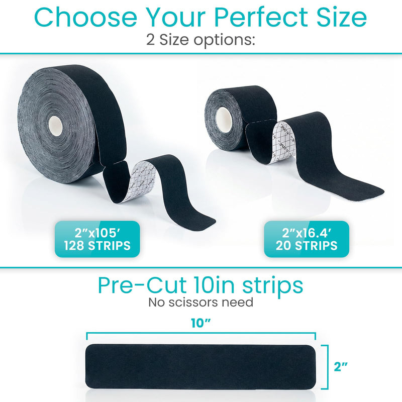 Vive Kinesiology Tape Roll - Tape Precut Strips (2" x 105 Feet/128 Strips) - Kinesio Sports Tape Athletic - Knee, Shoulder, Ankle, Muscle K Tape Adhesive Elastic Wrap - Body Kinetic Tape Waterproof 2" x 105' Black