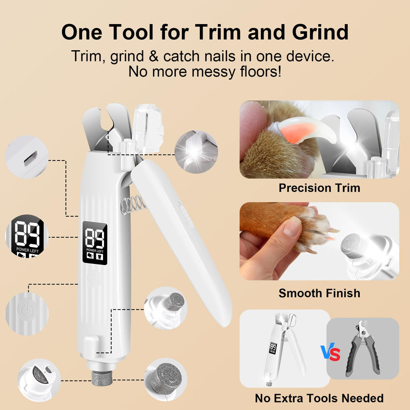 SZMDLX Dog Nail Clippers with Light, 2-in-1 Dog and Cat Nail Clipper with Grinder, Quiet Pet Nail Trimmer for Small Medium Large Dogs and Cats, USB Rechargeable White