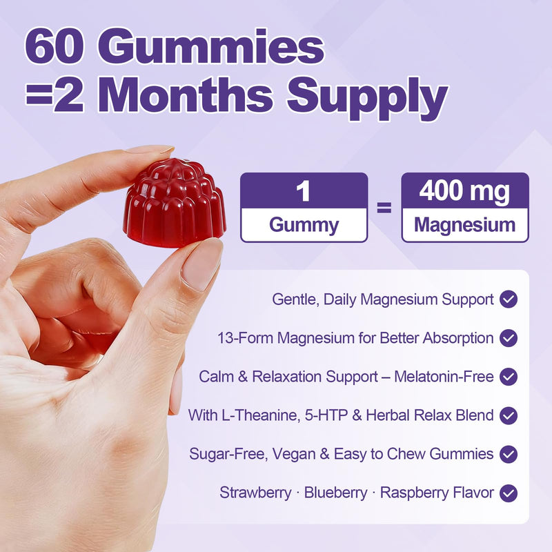 Magnesium Complex Gummies, Calm Relaxation & Deep Sleep Support, 12-in-1 Magnesium Glycinate with L-Theanine, Vitamin D3, K2, Zinc – for Women & Men, No Added Sugar