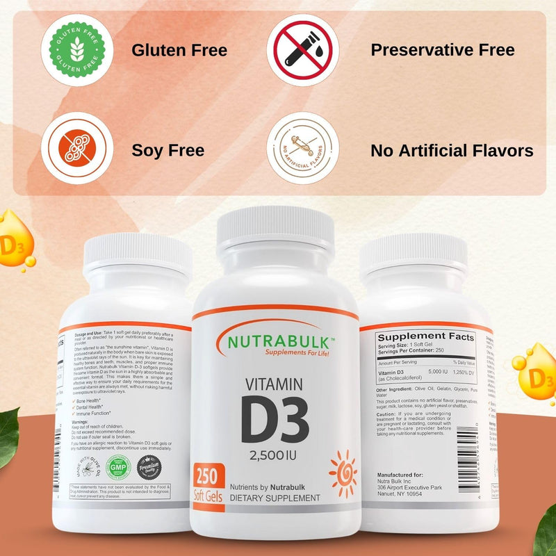 NutraBulk Vitamin D3 2500 IU Softgels - 250 Count - High-Potency Daily Supplement - Non-GMO, Gluten-Free - Made in USA 1 Count (Pack of 250)