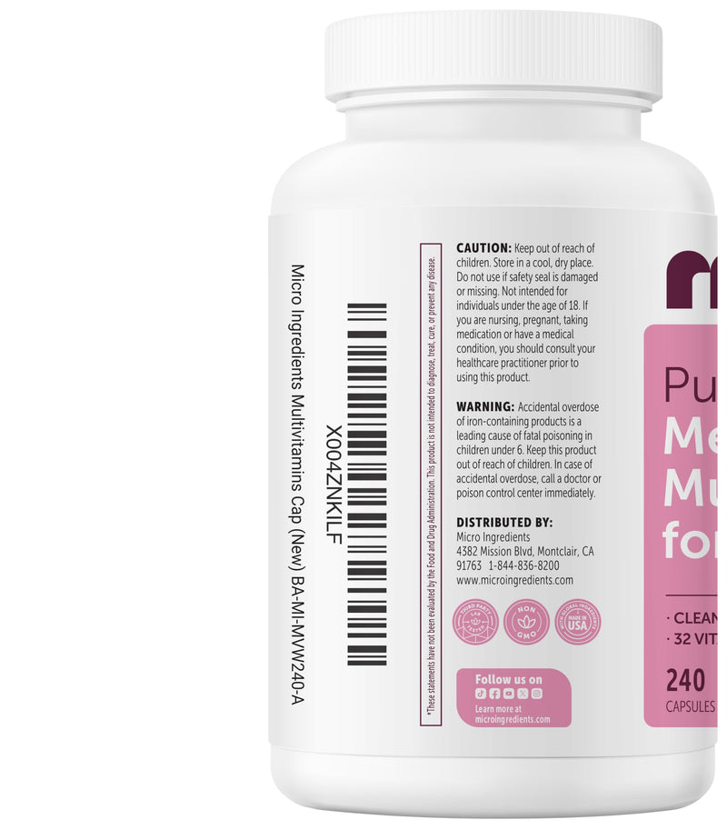 Micro Ingredients Pure Methylated Multivitamin for Women, 240 Capsules | 32-in-1 Formula with Vitamin B, C, D + Iron, Methylfolate & More | Supports Women 's Daily Wellness | Filler Free, Non-GMO