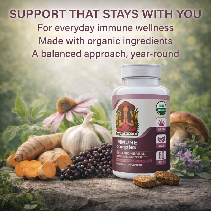 Organic Immune Complex, Elderberry, Astragalus, 60 Vegan Tablets | Certified organic moringa, ginger & oregano with elderberry, astragalus and acerola vitamin C for daily immune support