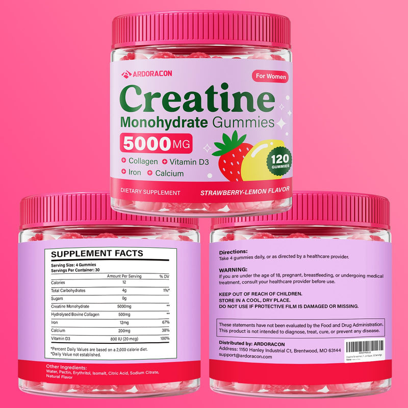 Creatine for Women, Creatine Monohydrate Gummies with Collagen, Vitamin D3 & Calcium for Muscle Support & Energy, Flavored Sugar Free Creatine Gummies Post & Pre Workout Supplements for Women, 120 Ct 120 Count (Pack of 1)