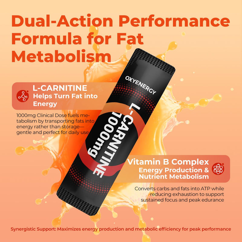 OxyEnergy Liquid L-Carnitine Supplement 1000mg - Gentle for Daily Use, Zero Calorie, Sugar-Free, Stim-Free Fat Burning & Endurance Booster, 21 On-the-Go Individual Liquid Sticks