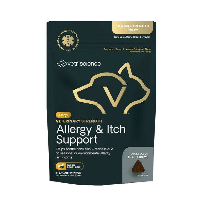 VetriScience Veterinary Strength Allergy & Itch Support Chews - Seasonal Allergy Support Supplement for Pets - Pet Skin Sensitivity Support - Cats & Dogs - Duck Flavor - 60 Chews