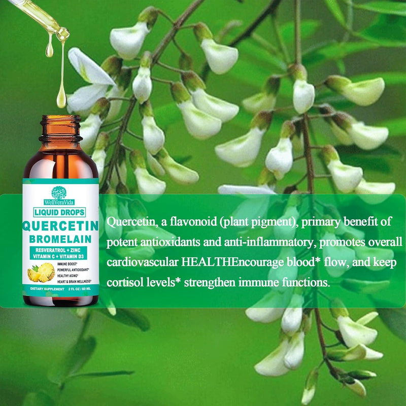 Quercetin with Bromelain Liquid Drops, 4X Stronger Than Capsules & Pills, 7-in-1 Organic Zinc Quercetin 1000mg with Bromelain 500mg Vitamin C D3 Immune Complex for Respiratory Health & Antioxidant - BeesActive Australia